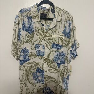 Caribbean Joe Olive and Blue Tropical Print Shirt